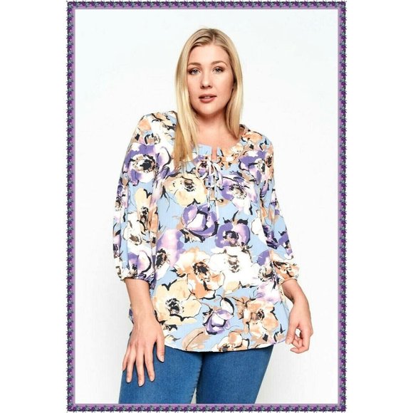 BOHO POET SLEEVE LACE UP CREPE TOP PLUS SIZE TUNIC PURPLE ROSE FLORAL 1X 16 18 - Picture 1 of 2